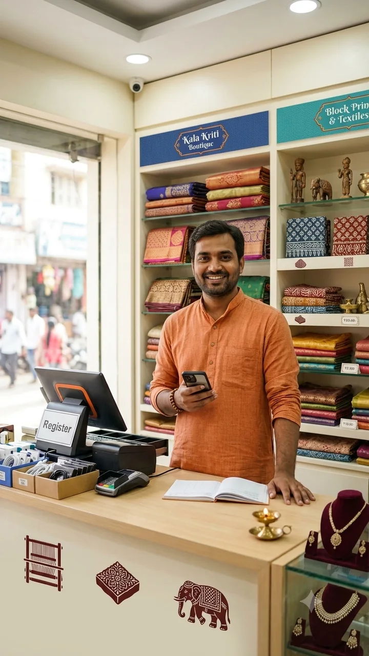 A happy local shop owner with a smartphone at their store counter
